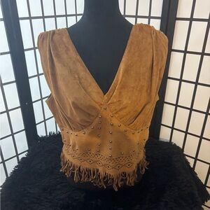 Fringed Suede V-Neck Tank Top in Cognac